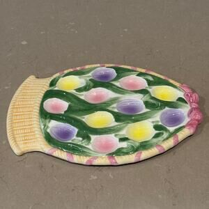 Hand-Painted Easter Egg Serving Platter Basket Tray Pastel Ceramic 11”